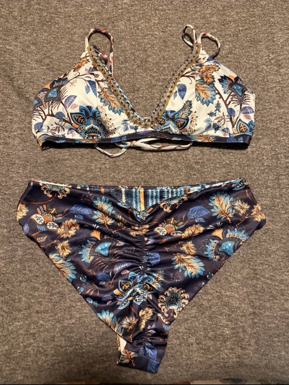 Floral Paisley Two-Piece Bikini Set in Navy and Cream